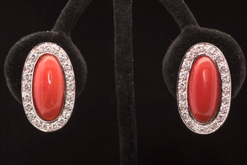 Stunning 18ct White Gold Diamond and Natural Coral Cluster Earrings. Omega Backs.