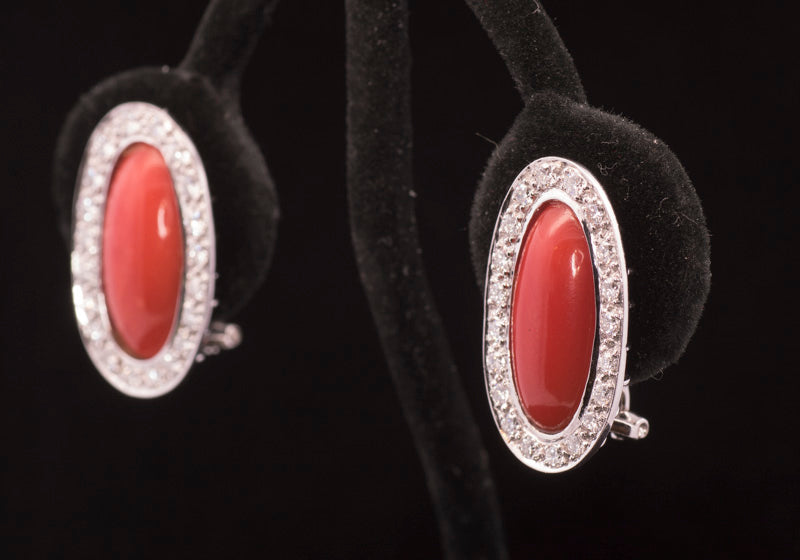 Stunning 18ct White Gold Diamond and Natural Coral Cluster Earrings. Omega Backs.