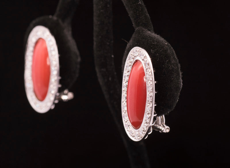 Stunning 18ct White Gold Diamond and Natural Coral Cluster Earrings. Omega Backs.
