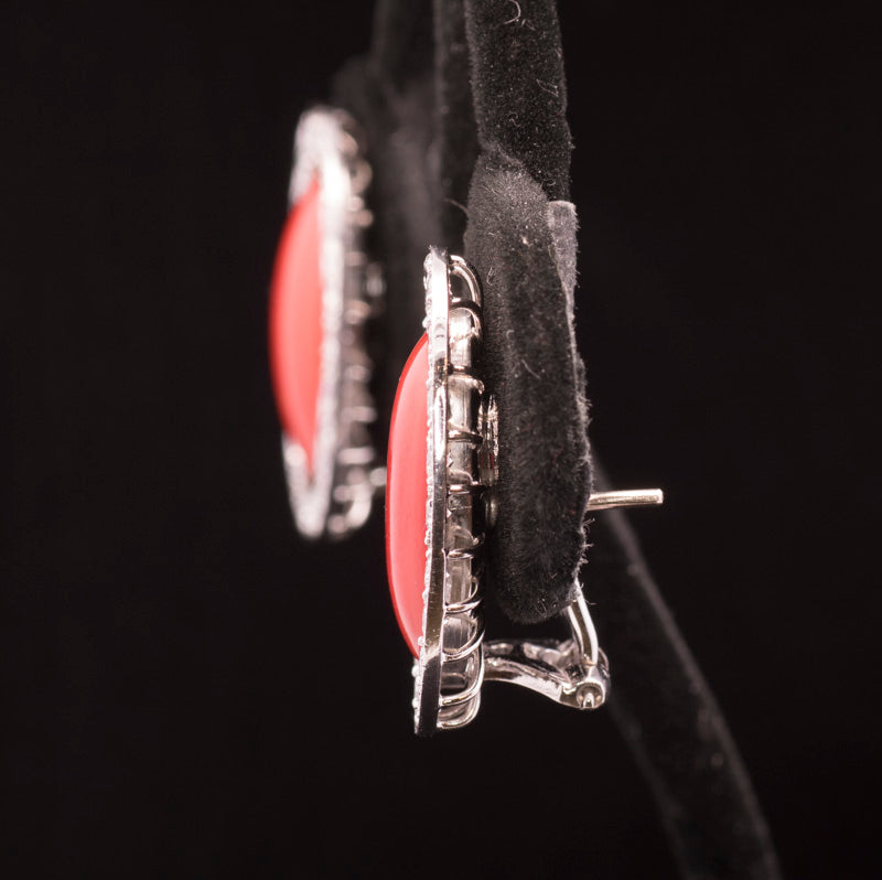 Stunning 18ct White Gold Diamond and Natural Coral Cluster Earrings. Omega Backs.