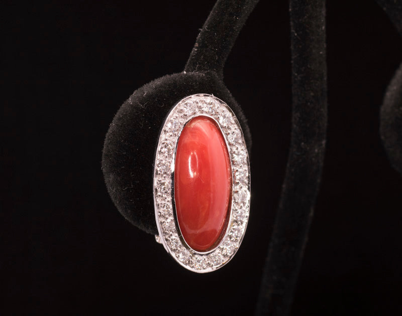Stunning 18ct White Gold Diamond and Natural Coral Cluster Earrings. Omega Backs.