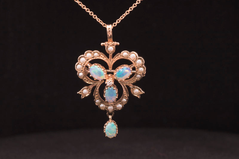 Vintage 9ct Gold, Pearl, Opal and Diamond. Pendant Brooch. Beautiful Colourful Opals.