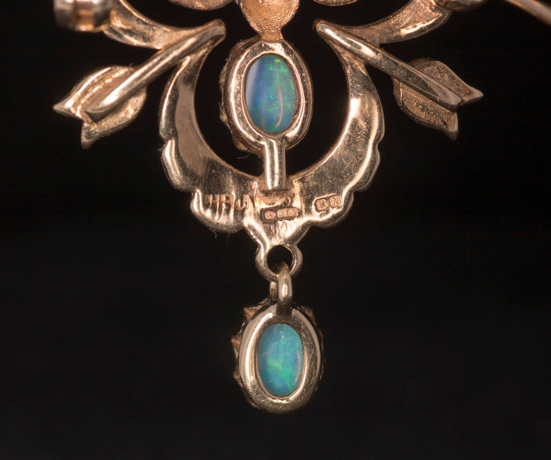 Vintage 9ct Gold, Pearl, Opal and Diamond. Pendant Brooch. Beautiful Colourful Opals.