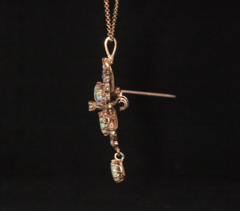 Vintage 9ct Gold, Pearl, Opal and Diamond. Pendant Brooch. Beautiful Colourful Opals.