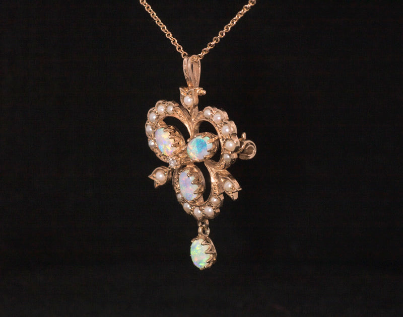 Vintage 9ct Gold, Pearl, Opal and Diamond. Pendant Brooch. Beautiful Colourful Opals.