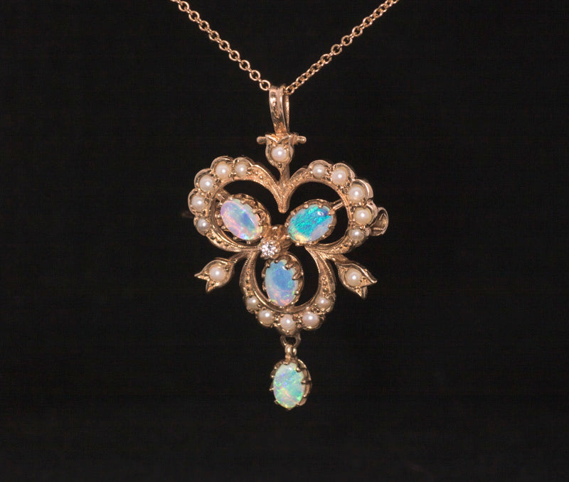 Vintage 9ct Gold, Pearl, Opal and Diamond. Pendant Brooch. Beautiful Colourful Opals.