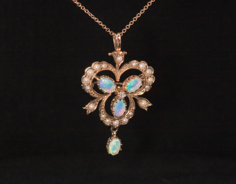 Vintage 9ct Gold, Pearl, Opal and Diamond. Pendant Brooch. Beautiful Colourful Opals.