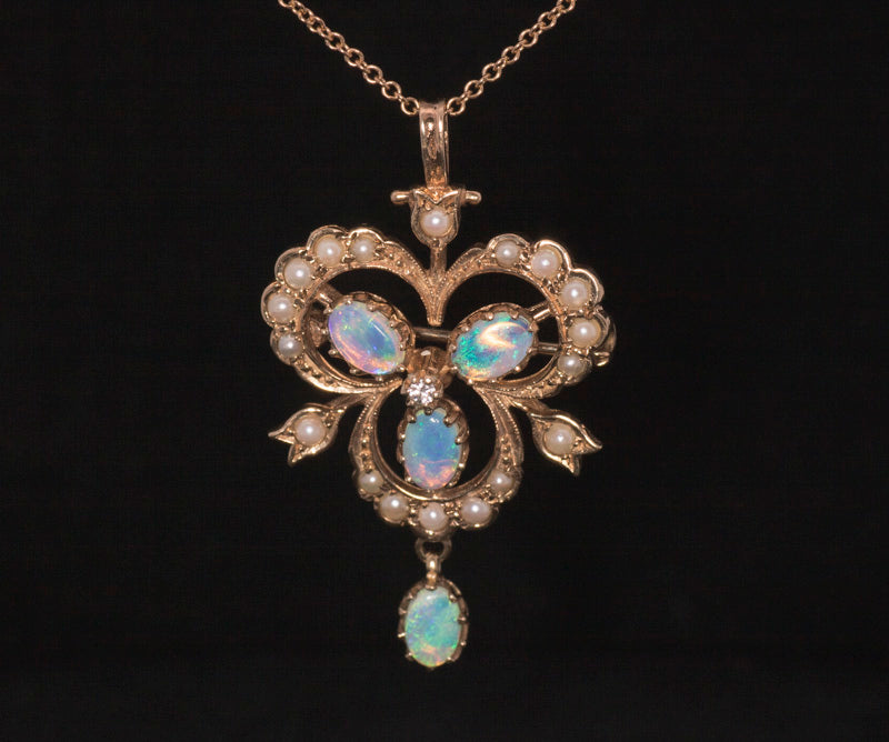 Vintage 9ct Gold, Pearl, Opal and Diamond. Pendant Brooch. Beautiful Colourful Opals.