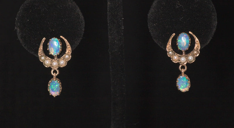 Vintage 9ct Gold Opal and Seed Pearl Drop Earrings.