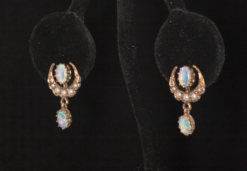 Vintage 9ct Gold Opal and Seed Pearl Drop Earrings.