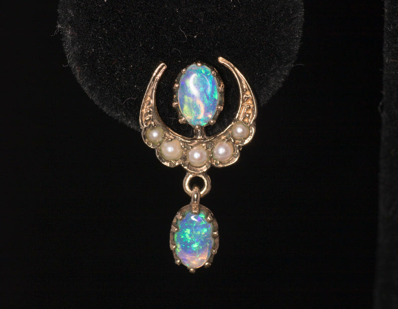 Vintage 9ct Gold Opal and Seed Pearl Drop Earrings.