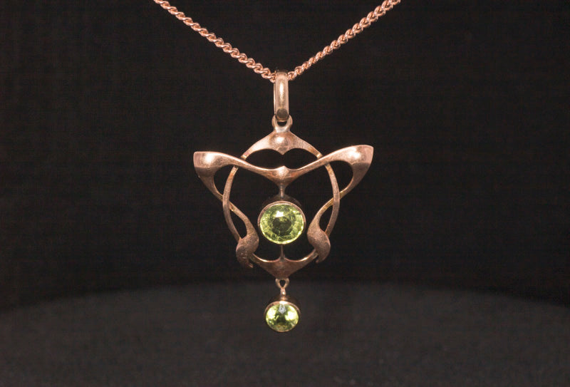 Antique 9ct Rose Gold Art Nouveau 'Arts and Crafts' Peridot Pendant. English Circa 1905