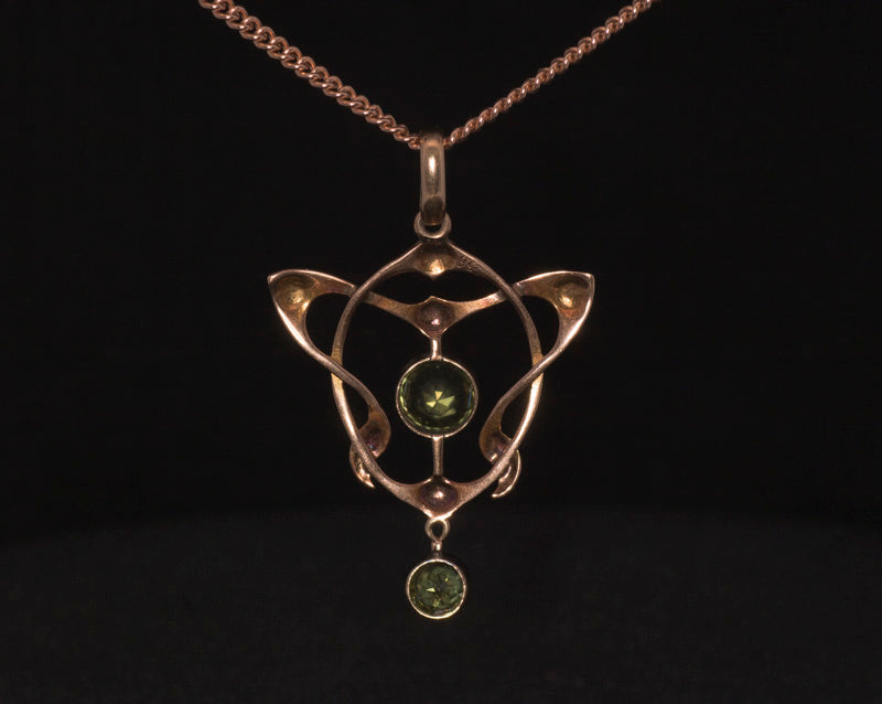 Antique 9ct Rose Gold Art Nouveau 'Arts and Crafts' Peridot Pendant. English Circa 1905