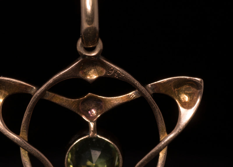 Antique 9ct Rose Gold Art Nouveau 'Arts and Crafts' Peridot Pendant. English Circa 1905