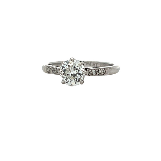 Antique Edwardian Solitaire Old European Cut Diamond Platinum & 18ct White Gold Ring with Diamond Shoulders