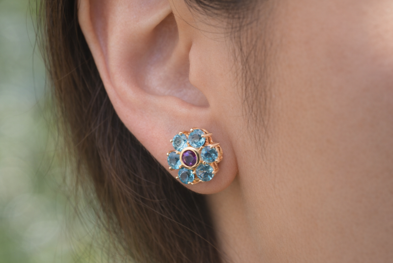 Vintage Blue Zircon and Amethyst 14ct Gold Earrings