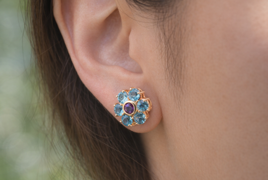 Vintage Blue Zircon and Amethyst 14ct Gold Earrings