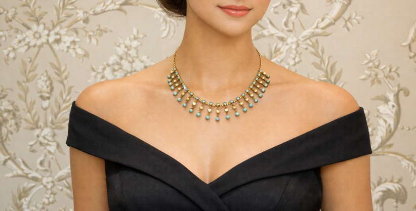 Antique 15ct Gold. Turquoise & Pearl Fringe Necklace. Excellent Condition. English Circa 1900
