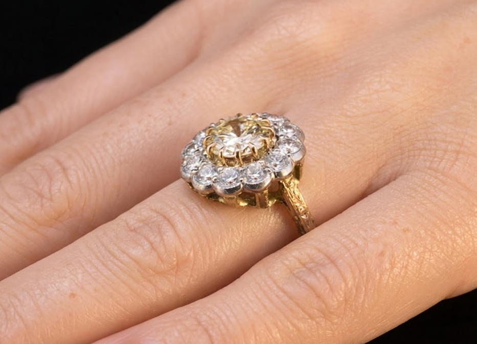 Unique 18ct and Platinum 1.66ct Fancy Yellow Diamond Cluster Ring. 2.94ct Total.