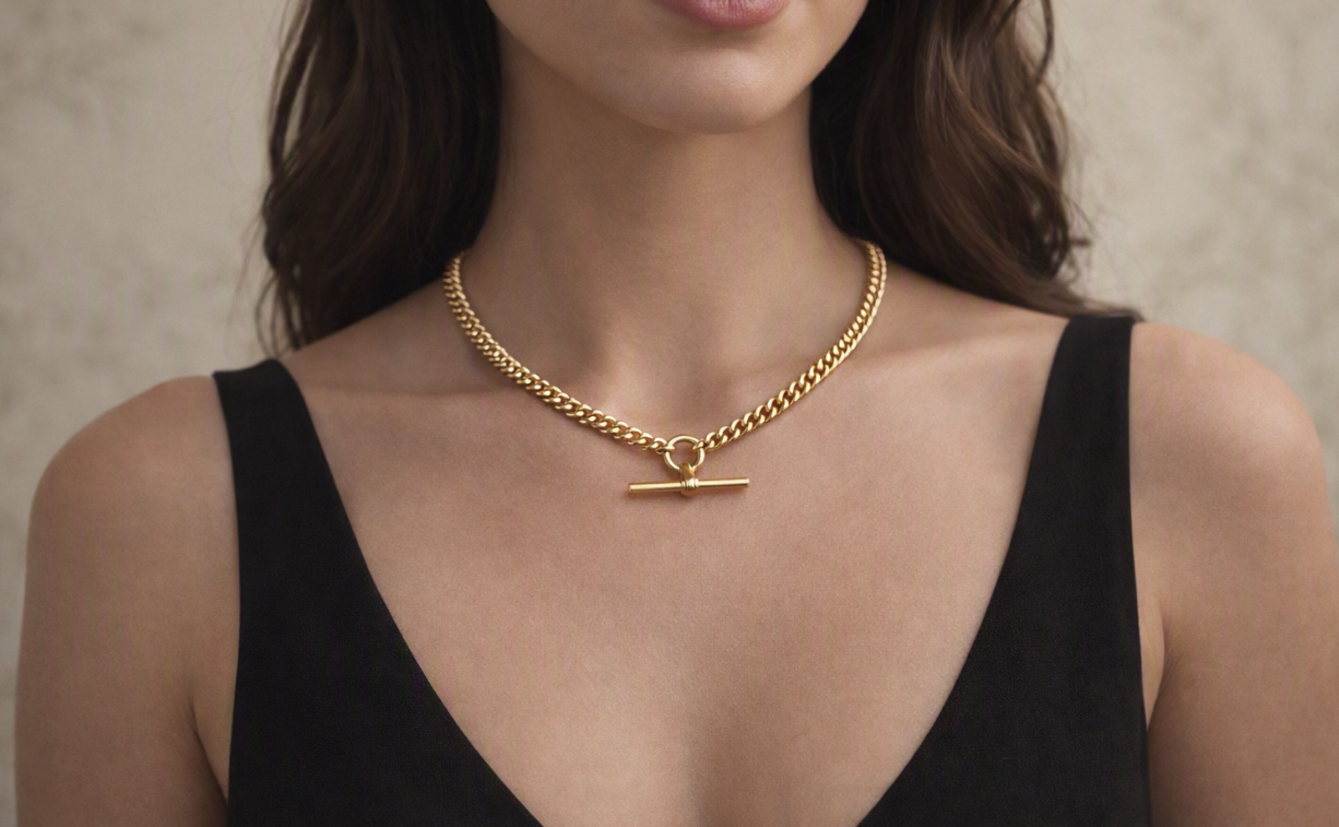 Antique Solid 9ct Rose Gold Albert Chain & T-Bar Necklace. Chester 1900. 16.5 Inches.