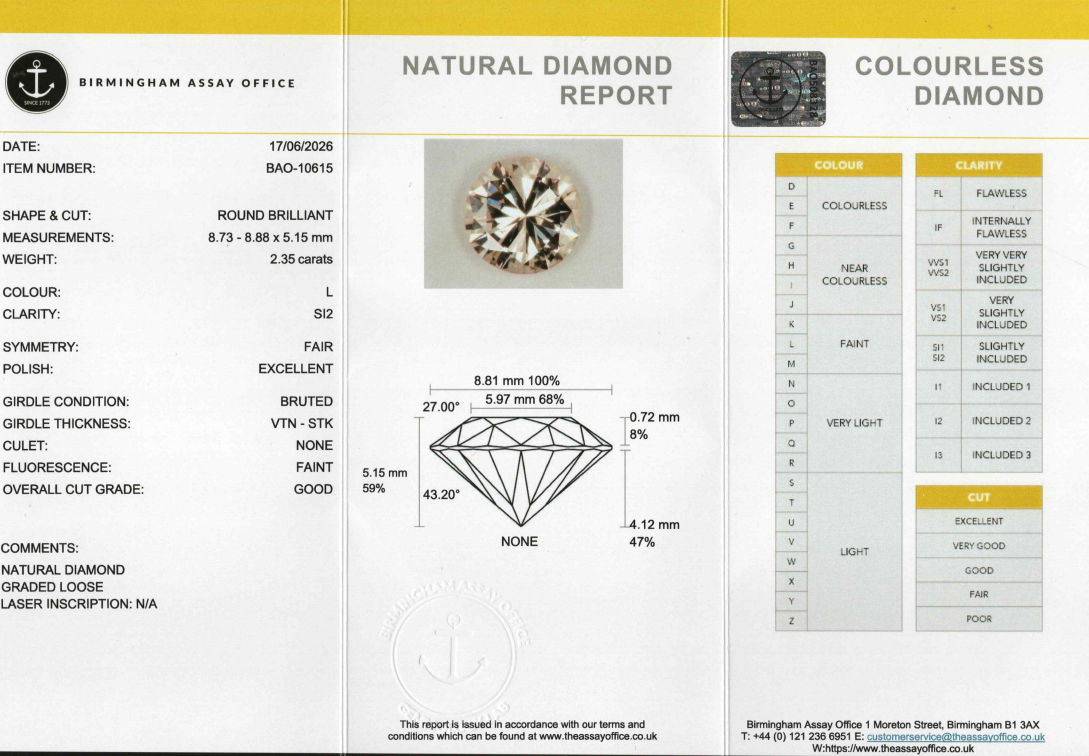 Natural 2.35ct Certificated Diamond Set In Platinum Ring. Certificated Diamond. L, SI2