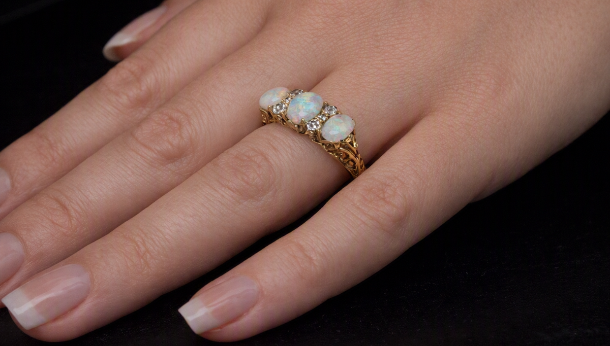 Antique 18ct Gold, Opal and Diamond Ring. Hand Carved Mount. Old cut Diamonds. English Circa 1900