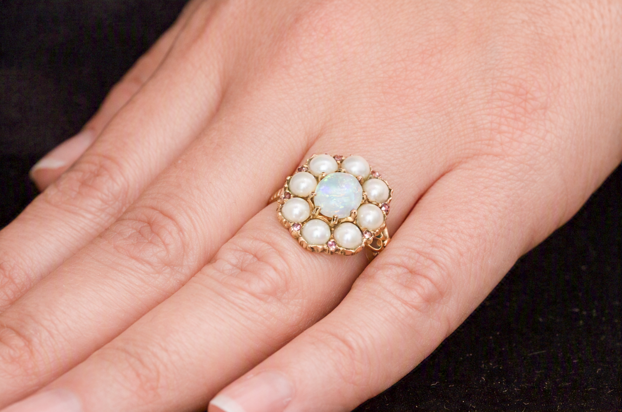 Vintage 9ct Gold, Opal, Cultured Pearl & Ruby, Georgian Style Cluster Ring.