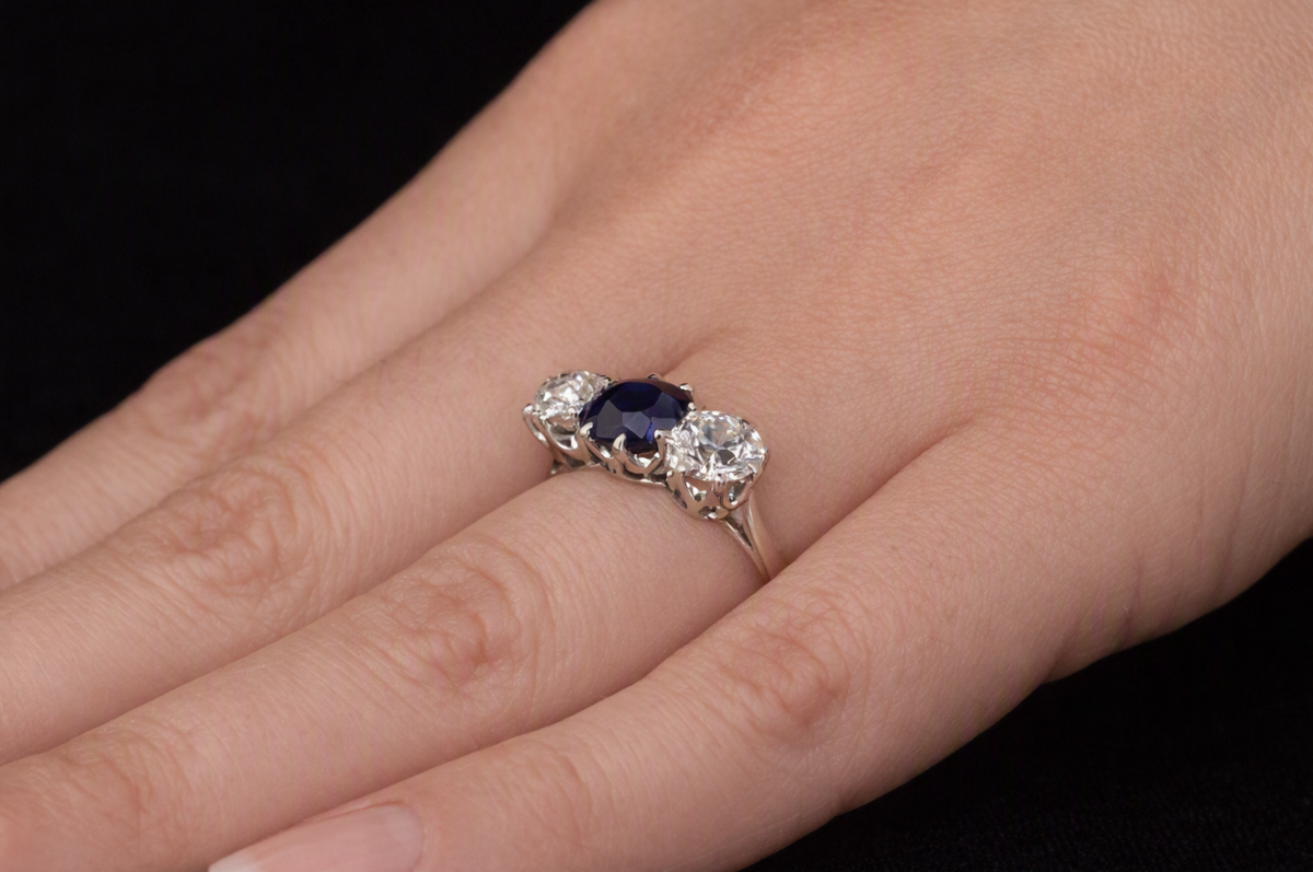 Outstanding Art-Deco Platinum, Sapphire and Diamond 3 Stone Ring 1.19ct Certified Natural No Heat. George Farrer