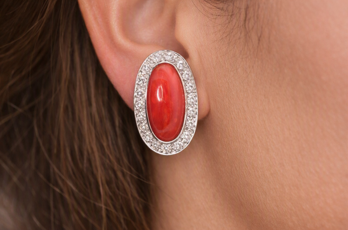 Stunning 18ct White Gold Diamond and Natural Coral Cluster Earrings. Omega Backs.