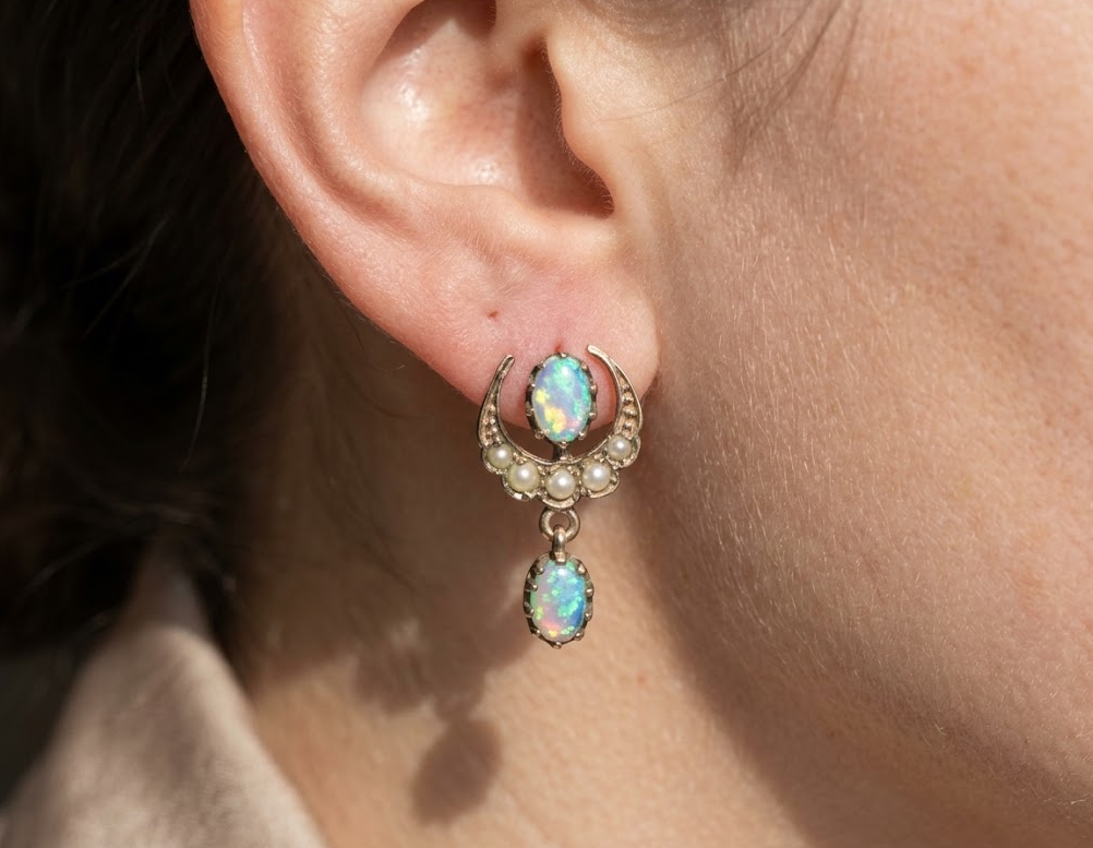 Vintage 9ct Gold Opal and Seed Pearl Drop Earrings.