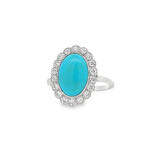 Antique Edwardian Turquoise and Old European Cut Diamond Cluster Platinum Ring