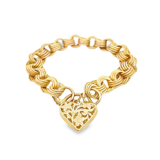 Vintage Matte and Polished 9ct Gold Curb Link Bracelet with Large Floral Heart Clasp