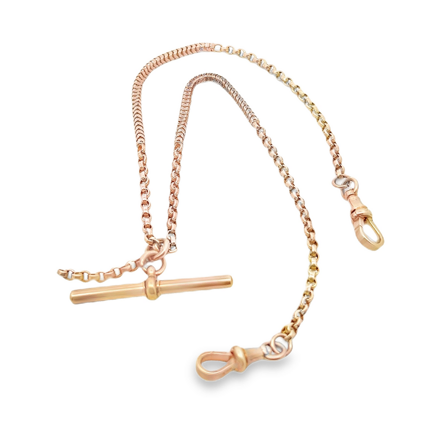 Antique Victorian 9ct Rose Gold Ornate Belcher and Snake-Link Albert Watch Chain with T-Bar
