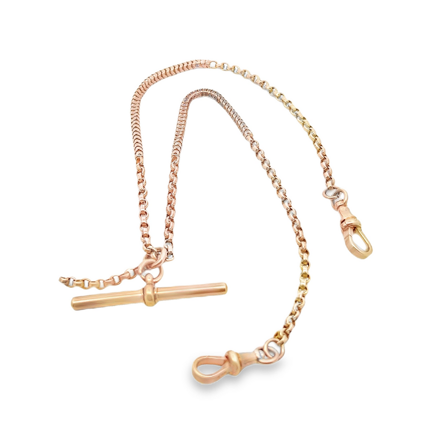 Antique Victorian 9ct Rose Gold Ornate Belcher and Snake-Link Albert Watch Chain with T-Bar