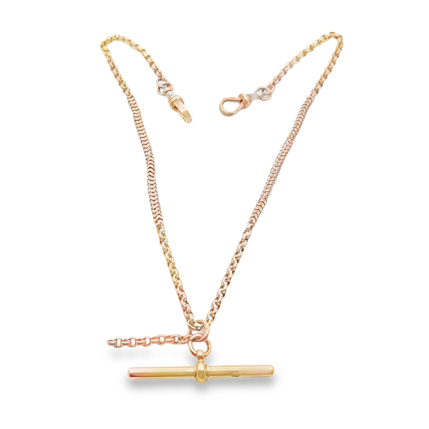 Antique Victorian 9ct Rose Gold Ornate Belcher and Snake-Link Albert Watch Chain with T-Bar