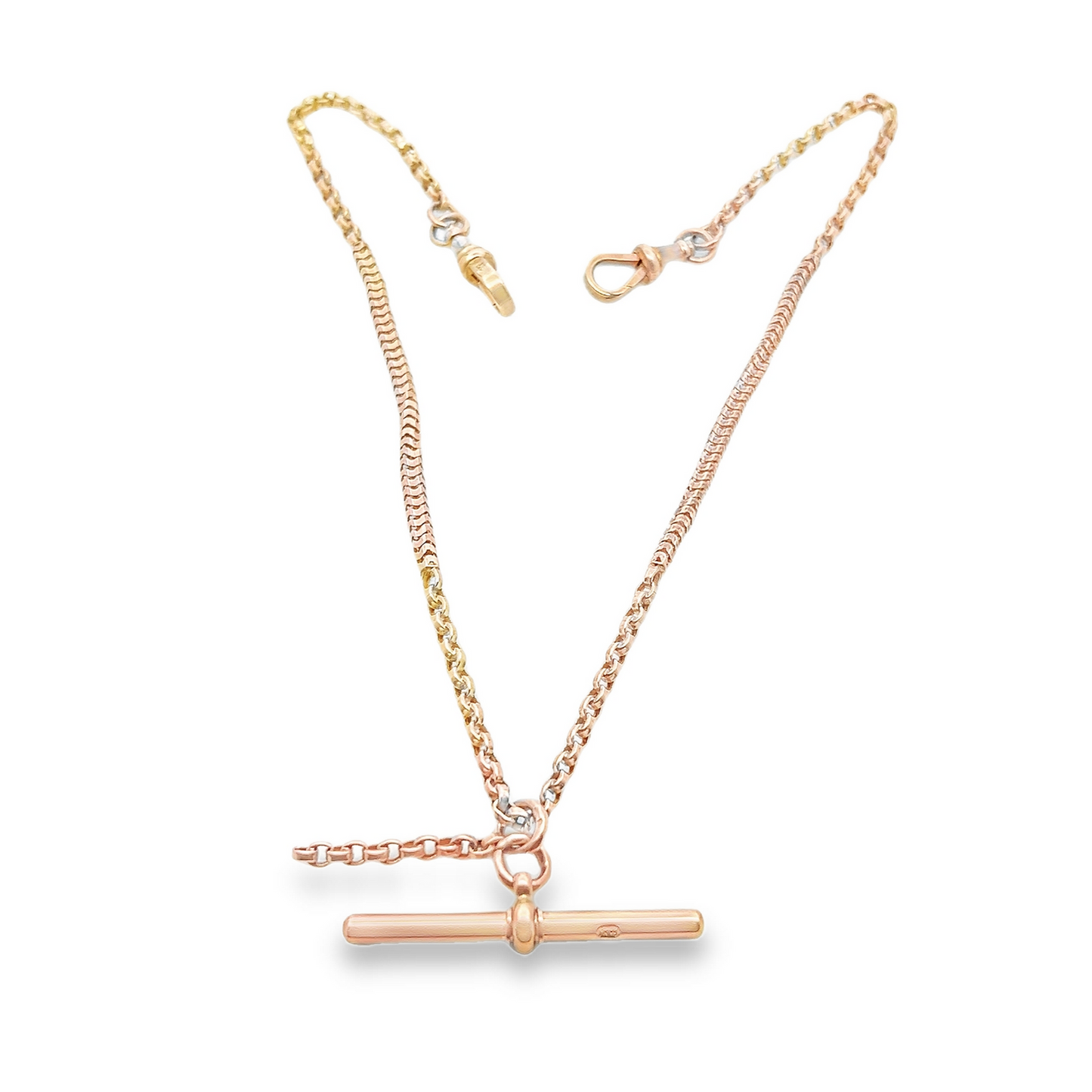 Antique Victorian 9ct Rose Gold Ornate Belcher and Snake-Link Albert Watch Chain with T-Bar