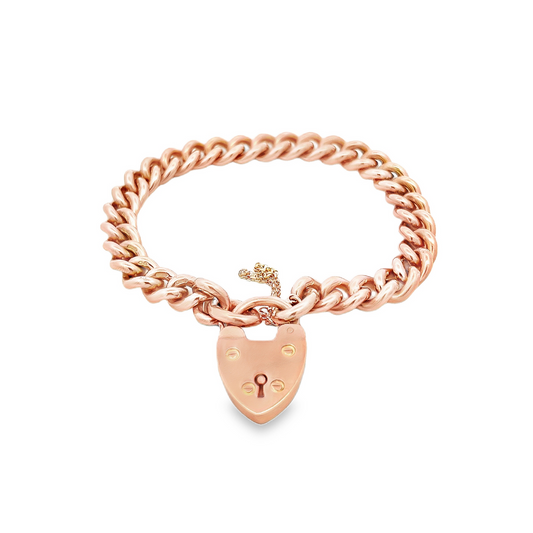 Antique Edwardian 9ct Rose Gold Curb Bracelet with Original Padlock