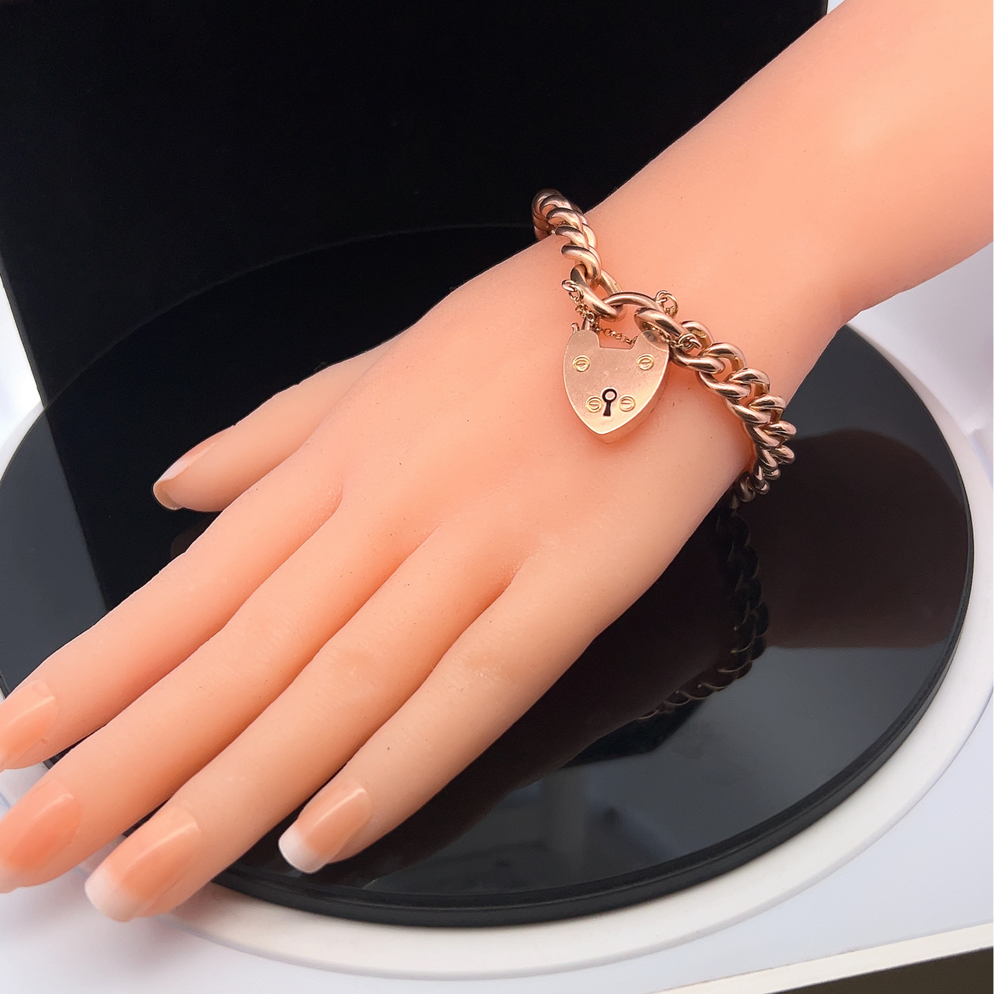Antique Edwardian 9ct Rose Gold Curb Bracelet with Original Padlock