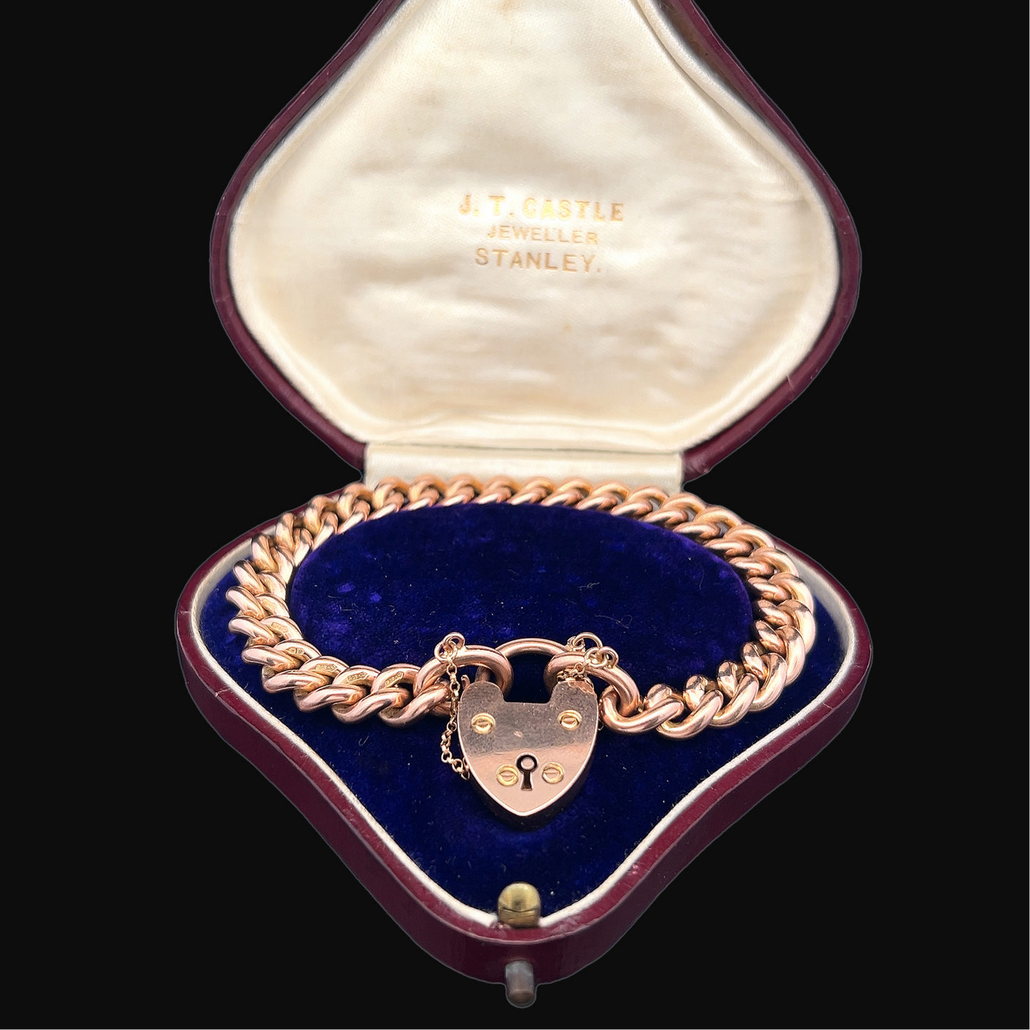 Antique Edwardian 9ct Rose Gold Curb Bracelet with Original Padlock