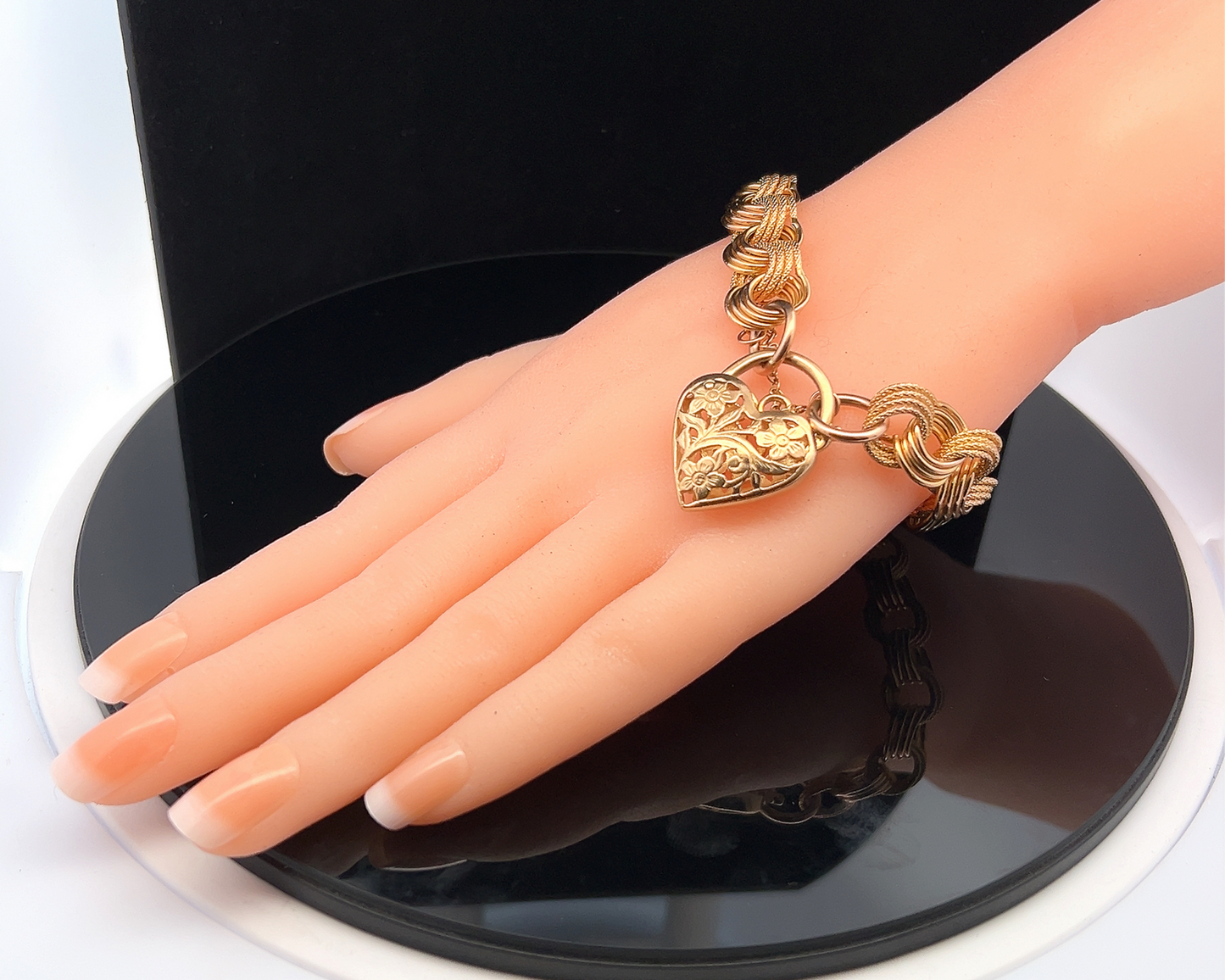 Vintage Matte and Polished 9ct Gold Curb Link Bracelet with Large Floral Heart Clasp