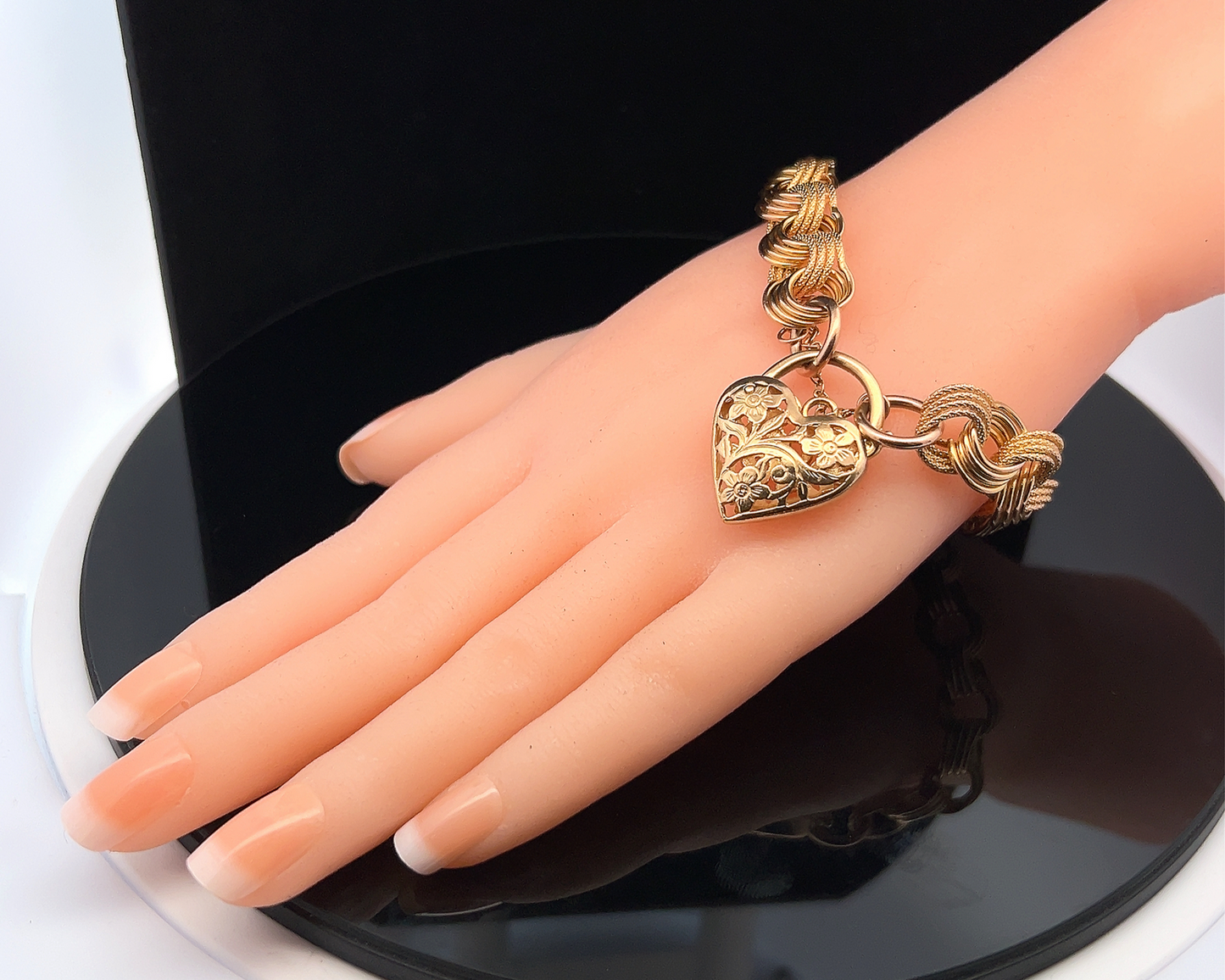 Vintage Matte and Polished 9ct Gold Curb Link Bracelet with Large Floral Heart Clasp