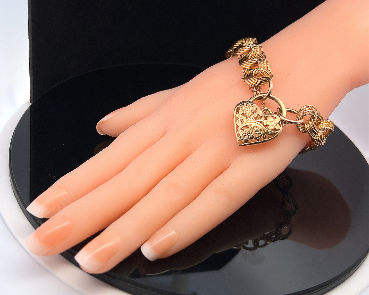 Vintage Matte and Polished 9ct Gold Curb Link Bracelet with Large Floral Heart Clasp