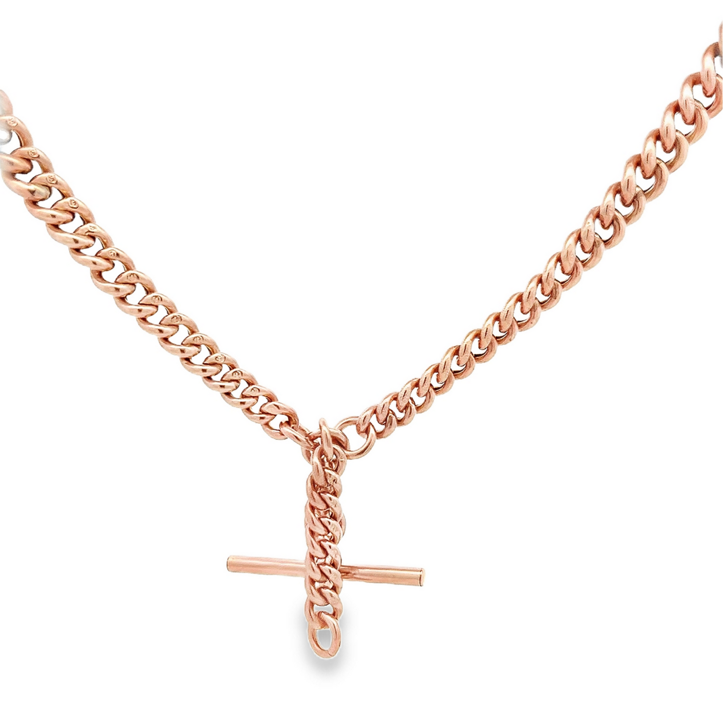 Antique 9ct Rose Gold Graduated Curb Link Albert Watch Chain with T-Bar
