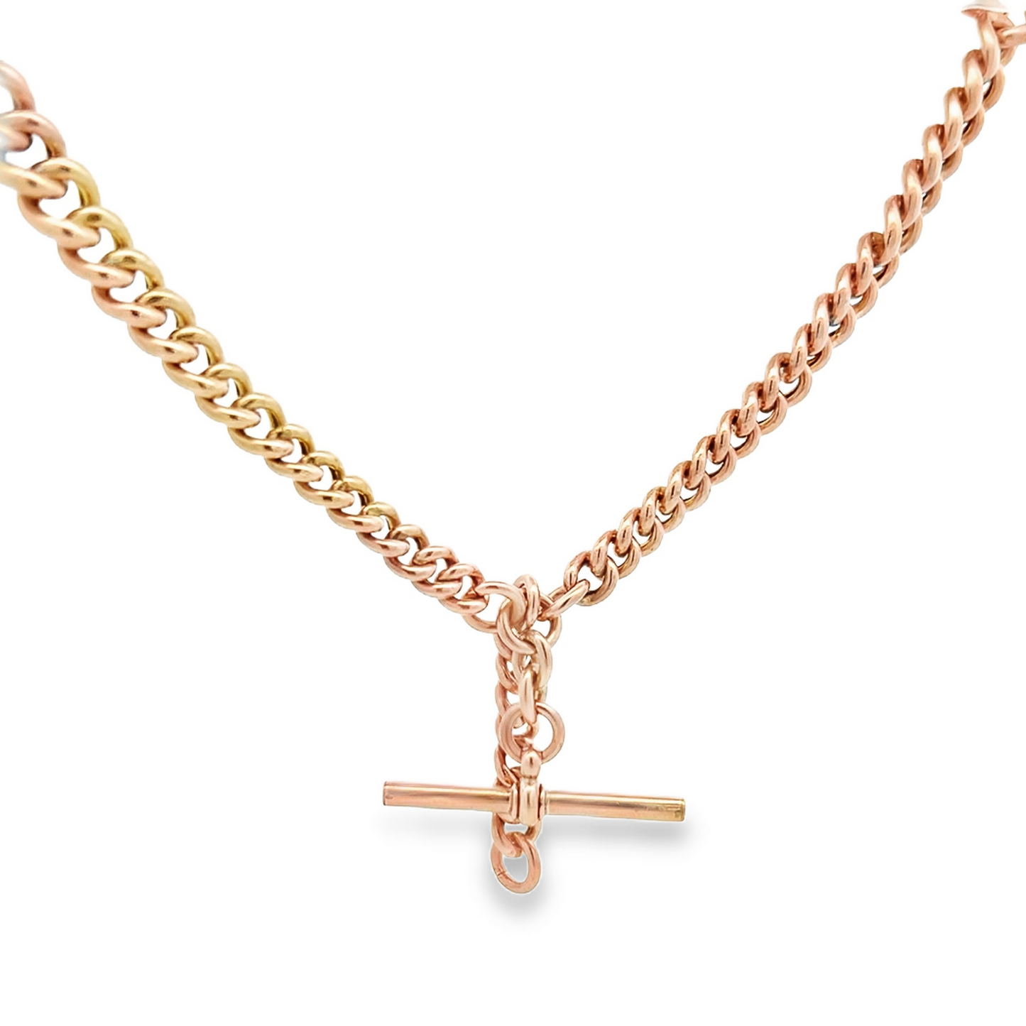 Antique 9ct Rose Gold Graduated Curb Link Albert Watch Chain with T-Bar