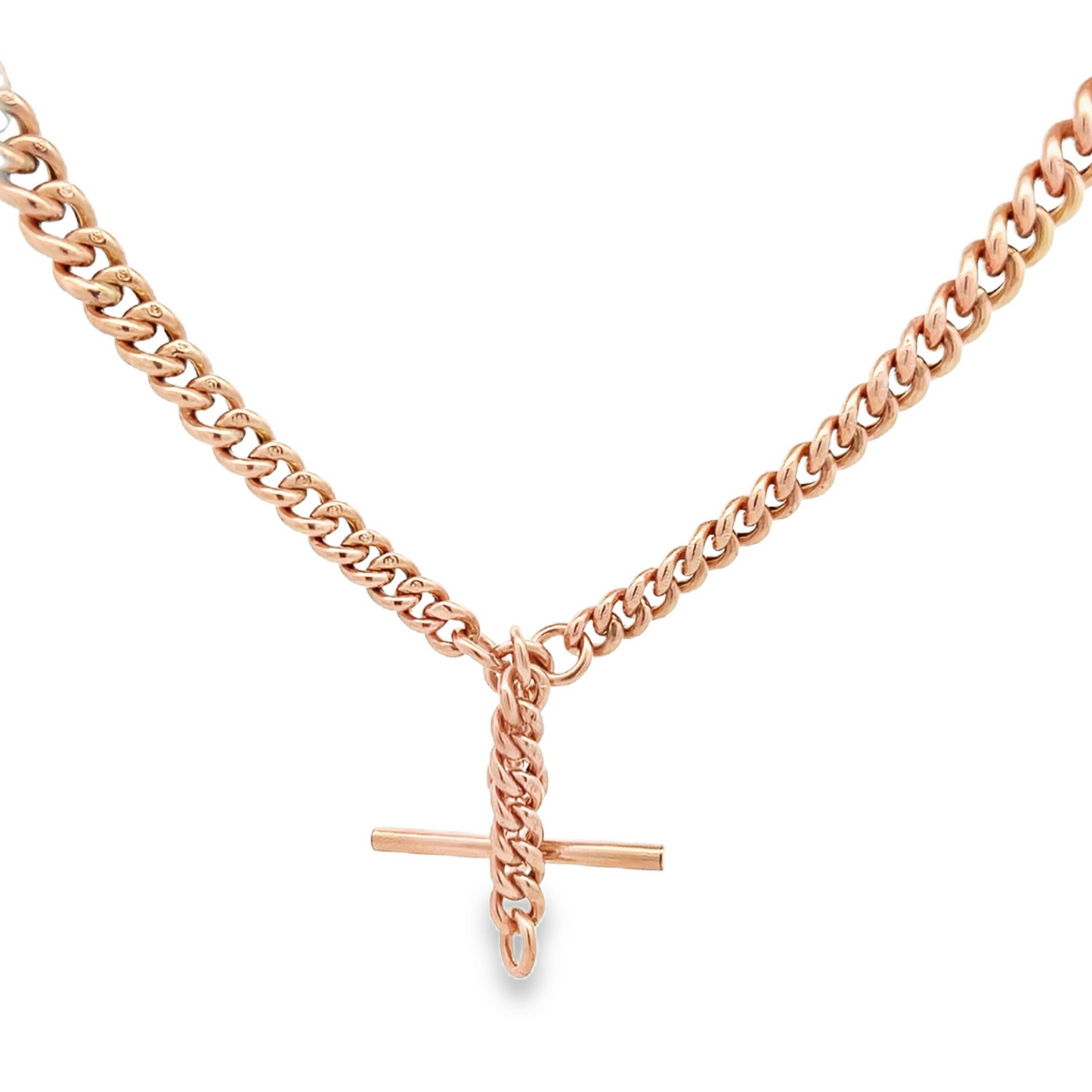 Antique 9ct Rose Gold Graduated Curb Link Albert Watch Chain with T-Bar