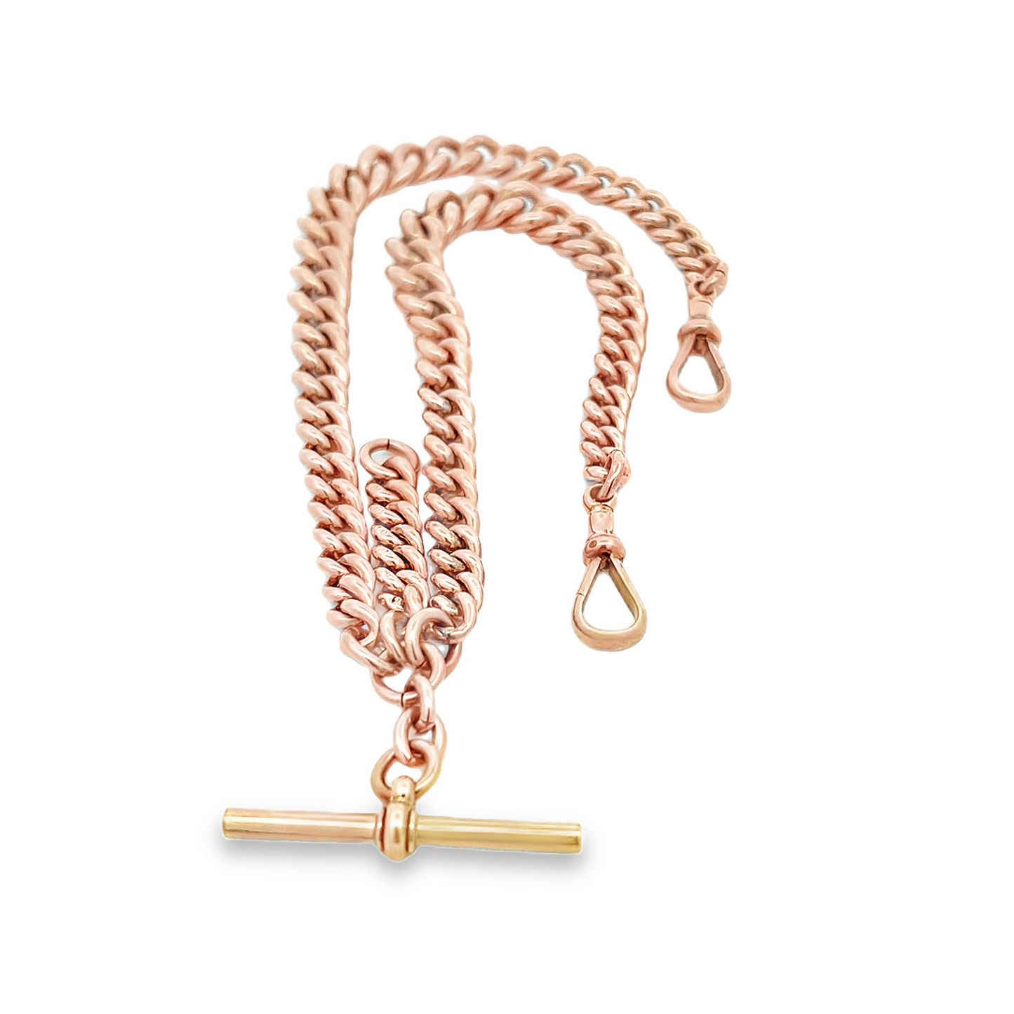 Antique 9ct Rose Gold Graduated Curb Link Albert Watch Chain with T-Bar