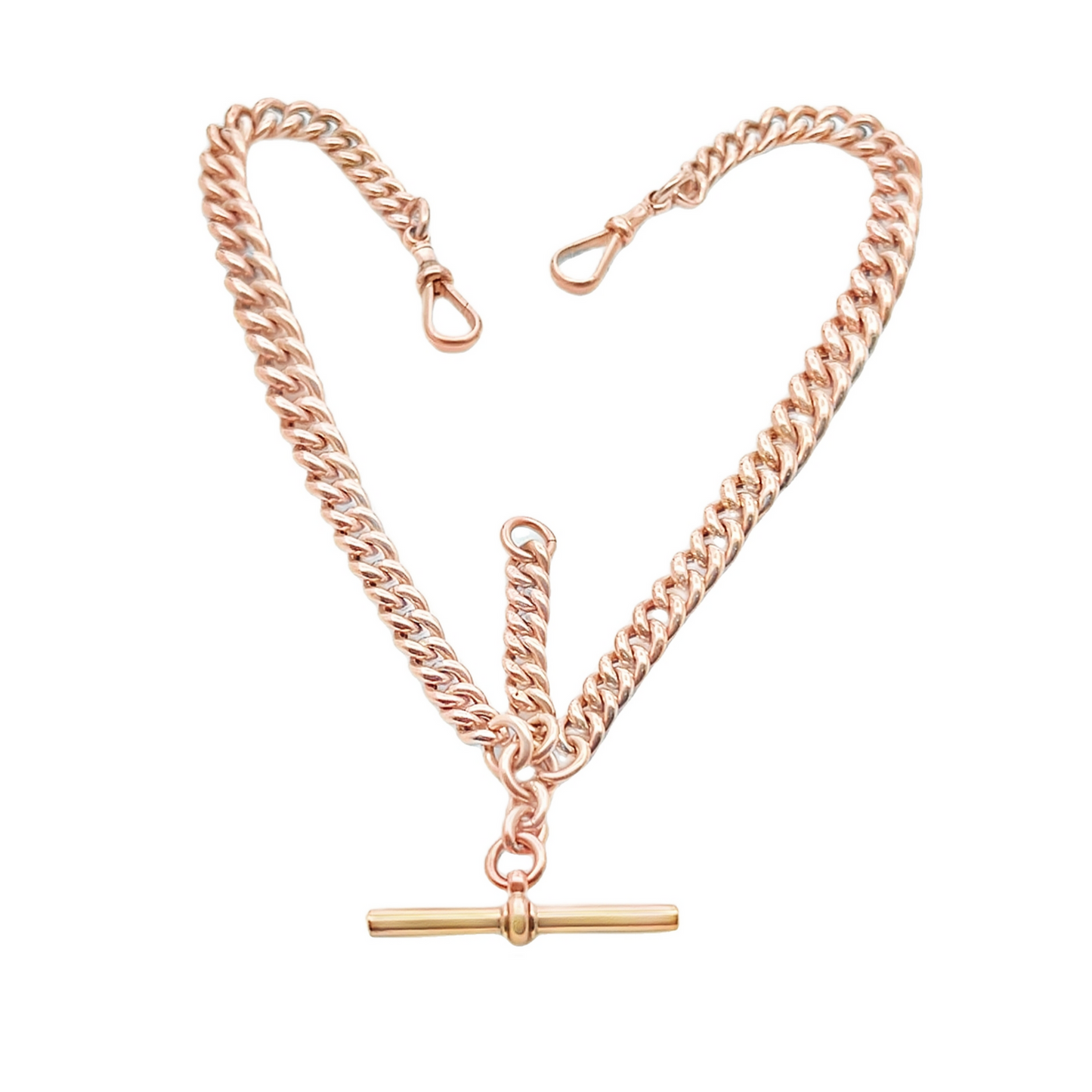 Antique 9ct Rose Gold Graduated Curb Link Albert Watch Chain with T-Bar