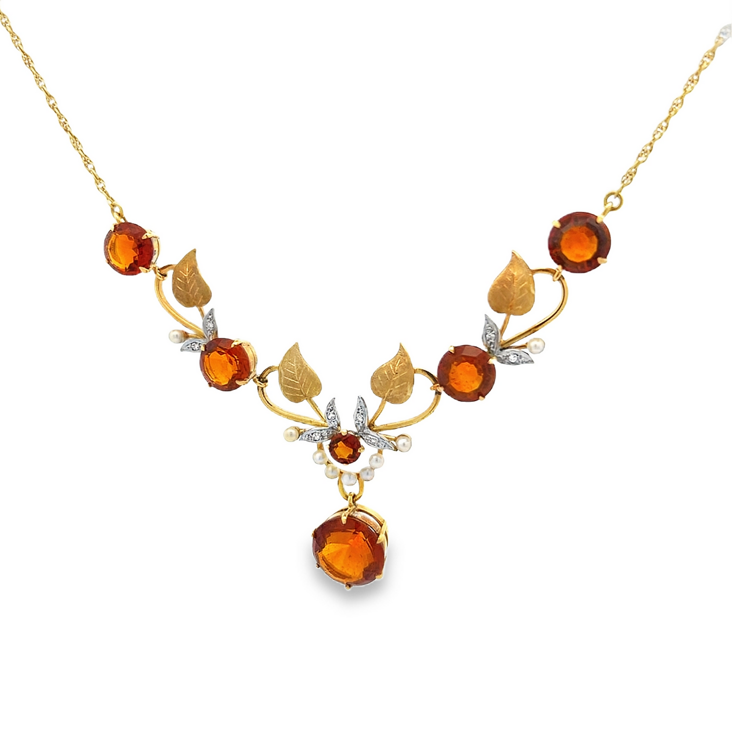 Vintage Madeira Citrine, Diamond and Pearl 18ct Gold Floral Necklace Manufactured by Cropp and Farr