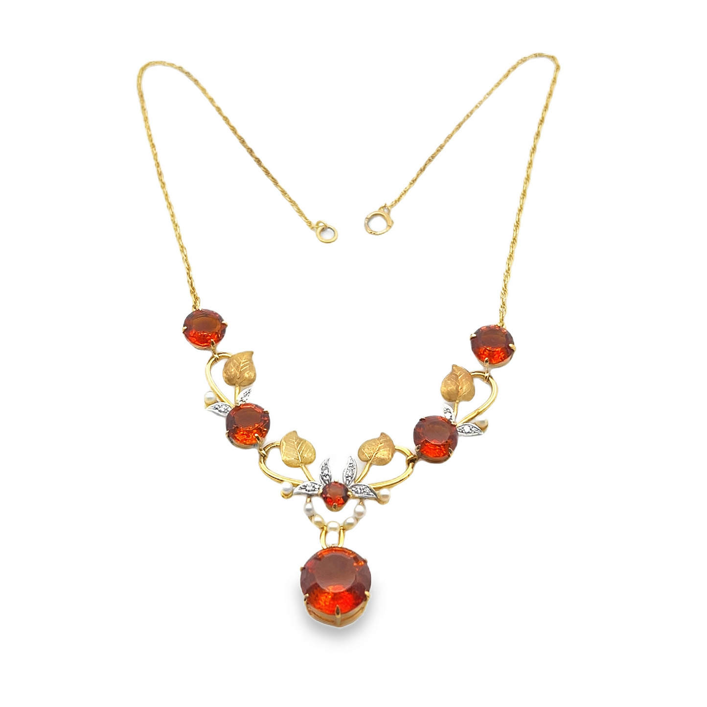 Vintage Madeira Citrine, Diamond and Pearl 18ct Gold Floral Necklace Manufactured by Cropp and Farr