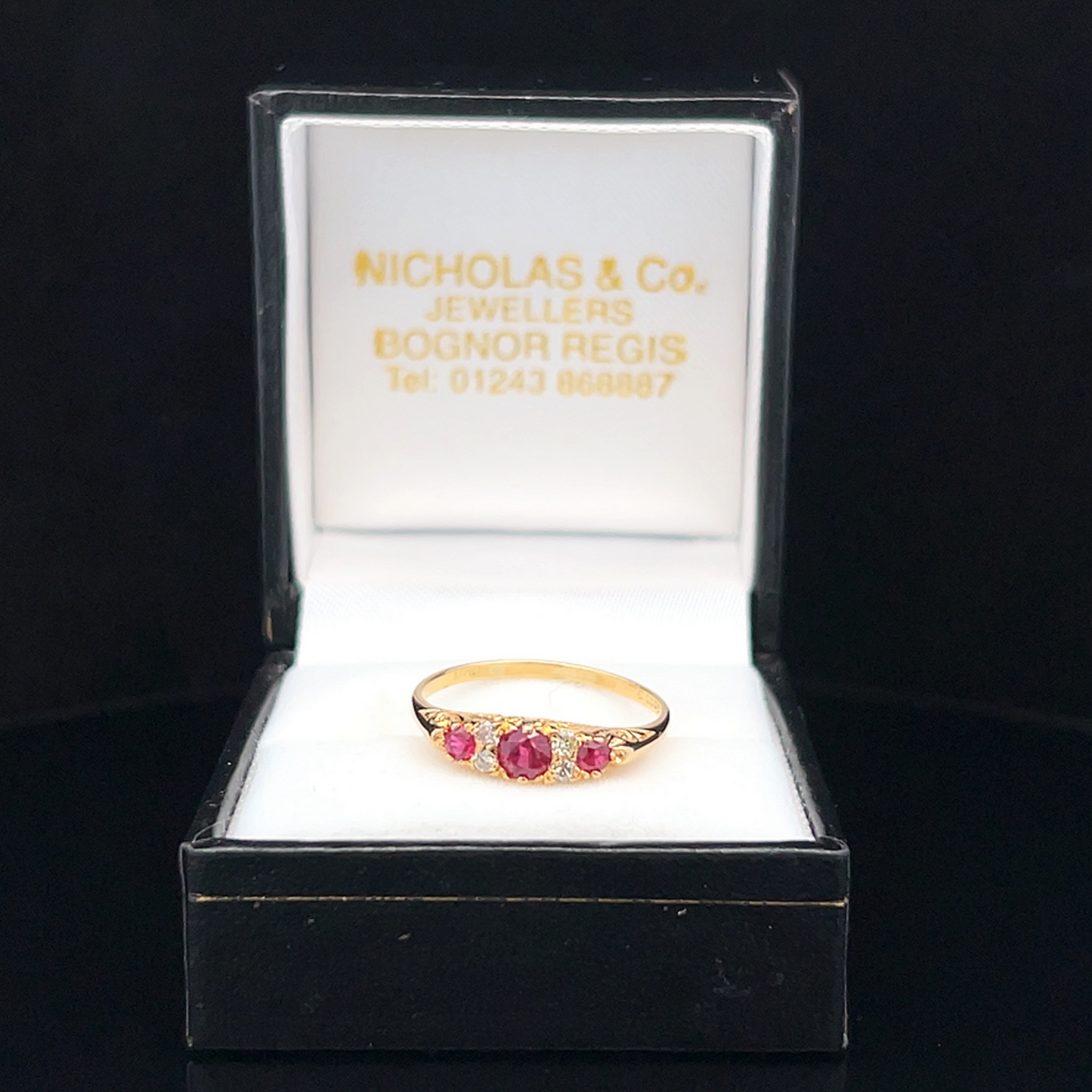 Vintage Victorian Style Ruby and Diamond 18ct Gold Carved Trilogy Ring